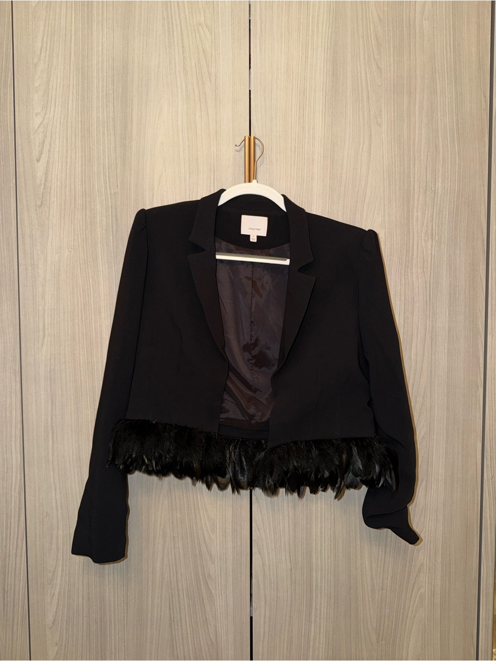 cinq a sept Black Cropped Blazer with Feather Trim
